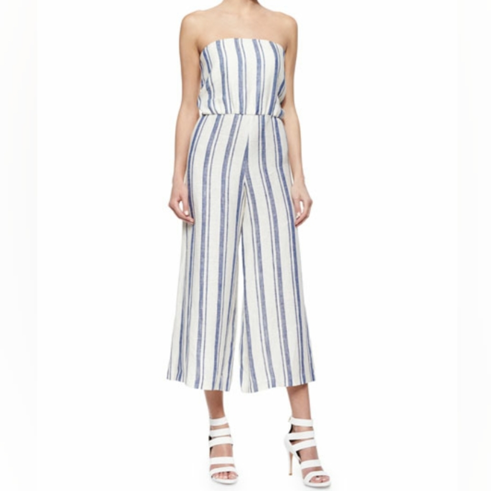 Alice and Olivia Lucie Striped Strapless Wide-Leg Linen Jumpsuit.
